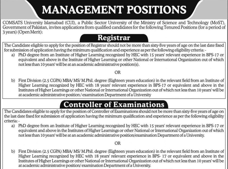 Management Positions - Registrar & Controller of Examinations